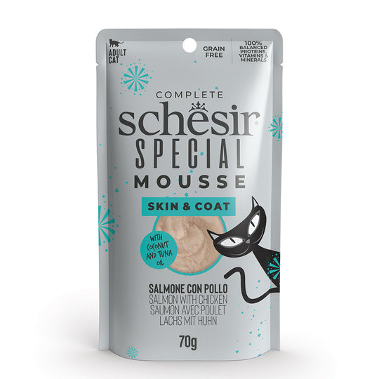 Mousse spéciale Schesir - SKIN&COAT Saumon au poulet 70 g