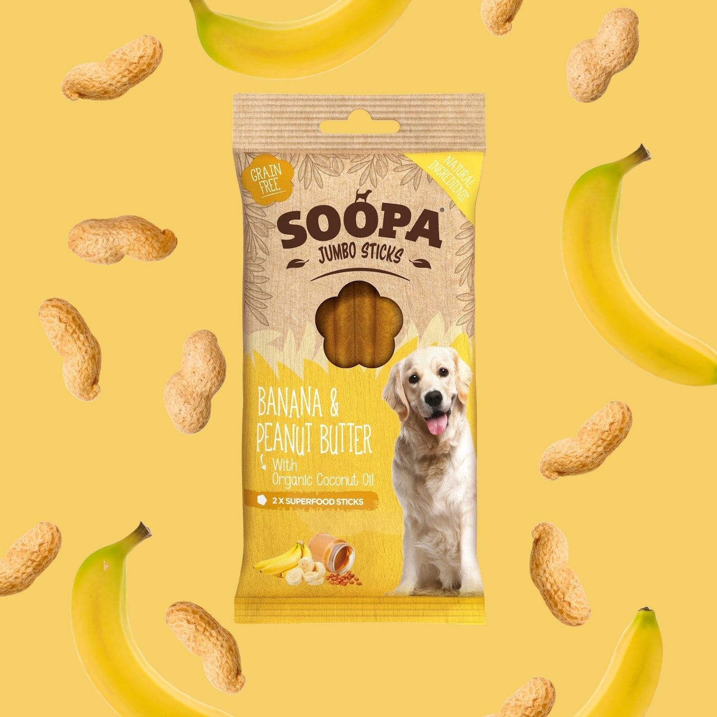 Soopa - Palitos dentales JUMBO de Mantequilla de Cacahuete y Plátano