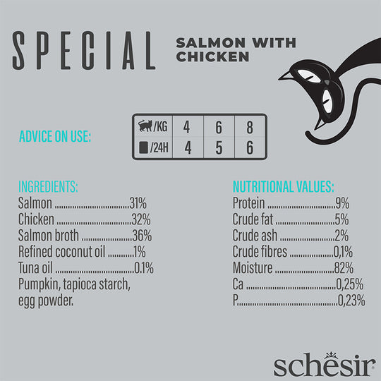 Mousse spéciale Schesir - SKIN&COAT Saumon au poulet 70 g