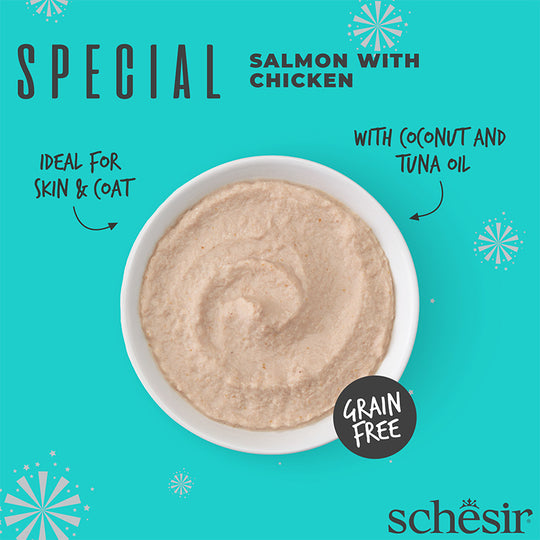 Mousse spéciale Schesir - SKIN&COAT Saumon au poulet 70 g