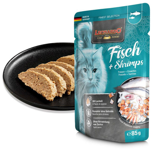 Leonardo Cat food pescado gambas poisson crevettes paté pouch de 85gr