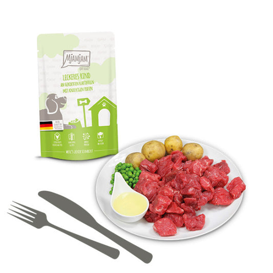 MjAMjAM - Bœuf savoureux avec pommes de terre bouillies et petits pois croquants 125g