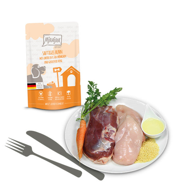 MjAMjAM - Pollo jugoso con Pato tierno, Zanahorias y Mijo 125g
