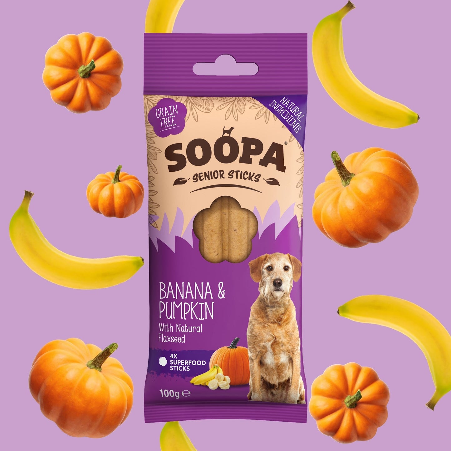 Soopa - Palitos dentales de Plátano, Calabaza y Linaza (Senior)
